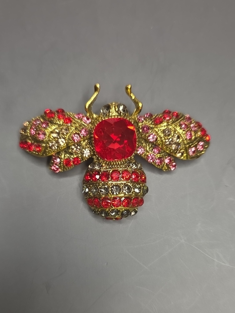 Gold Bee Brooch with Red & Pink Rhinestones
